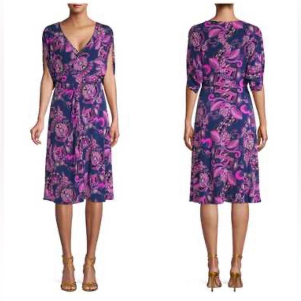 Trina Turk Vibrant Navy, Pink and Purple Midi Dress. Size L / XL